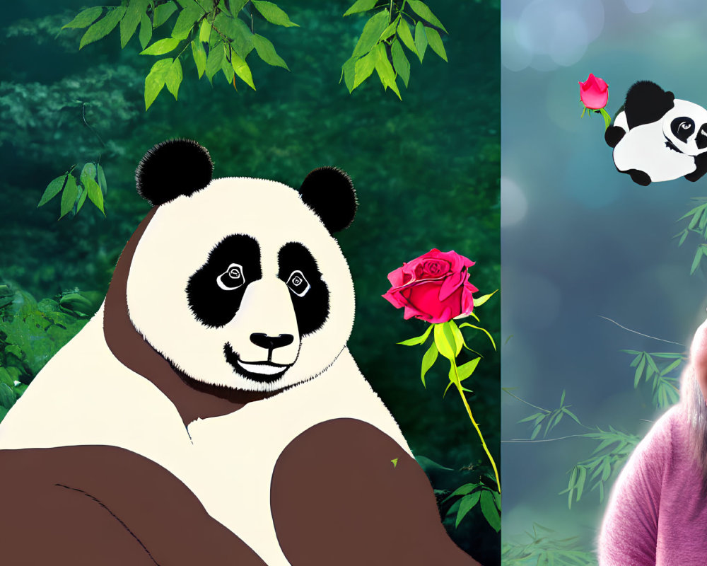 Surreal collage of giant panda, rose, cub, and smiling woman