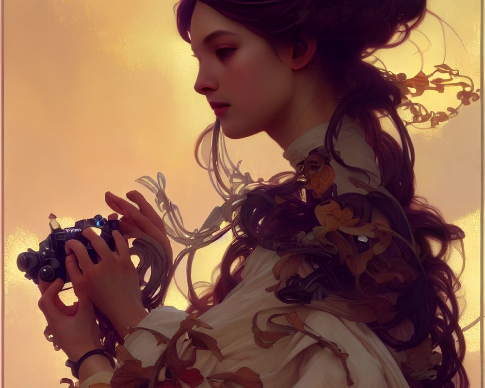 Illustrated female with flowing hair holding a camera in ethereal dress with golden flowers on warm backdrop.