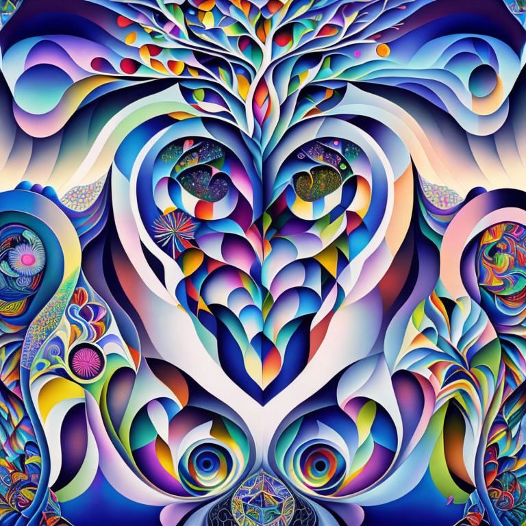 Symmetrical abstract artwork with intricate tree-like patterns in blues and purples