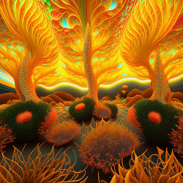 Colorful fractal forest with orange and yellow trees in unique landscape