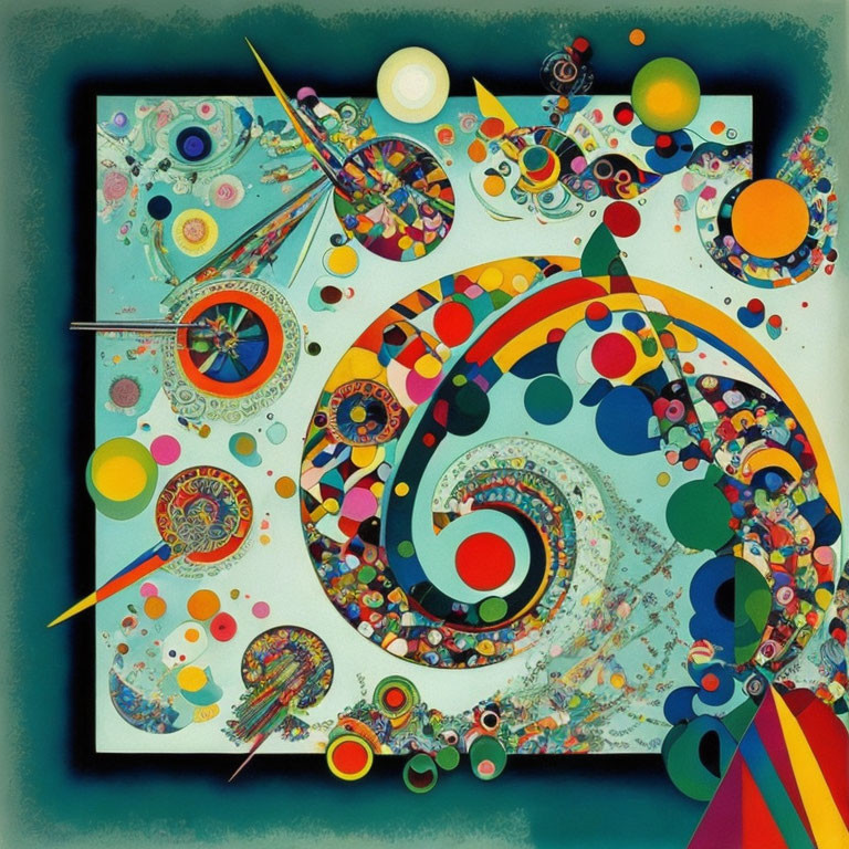 Colorful Abstract Painting with Spirals, Circles, and Geometric Designs