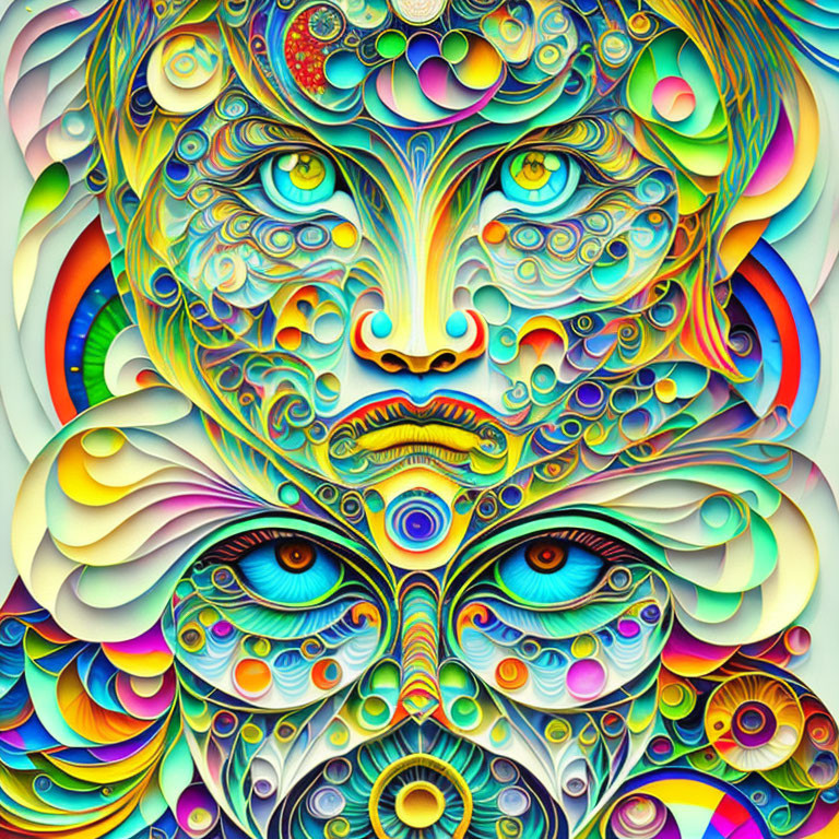 Colorful Psychedelic Illustration with Intricate Patterns and Multiple Eyes