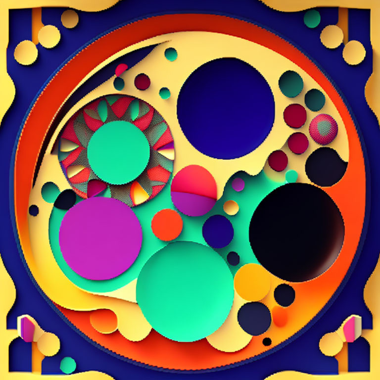 Symmetric arrangement of colorful circles and patterns in blue, orange, and green