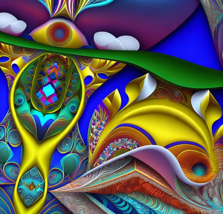 Abstract digital art: vibrant shapes, intricate patterns, vivid colors