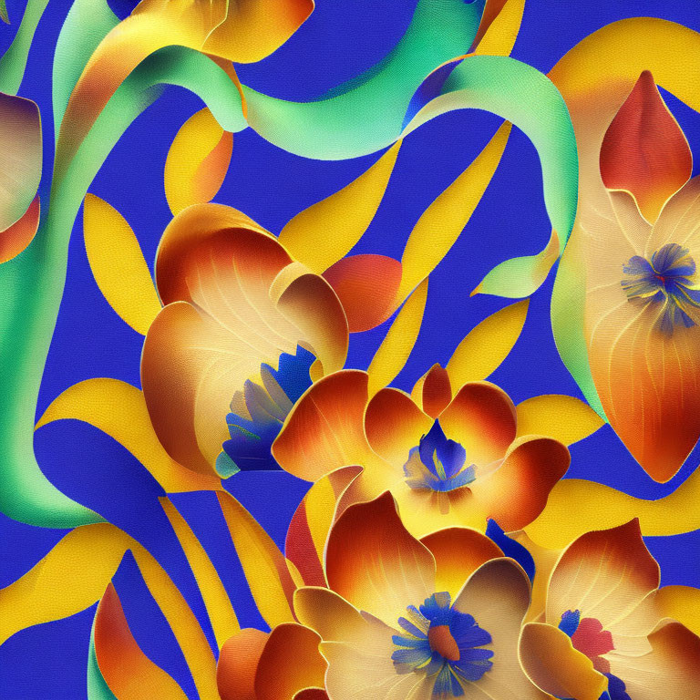 Colorful digital artwork: stylized orange flowers on blue and yellow wavy background