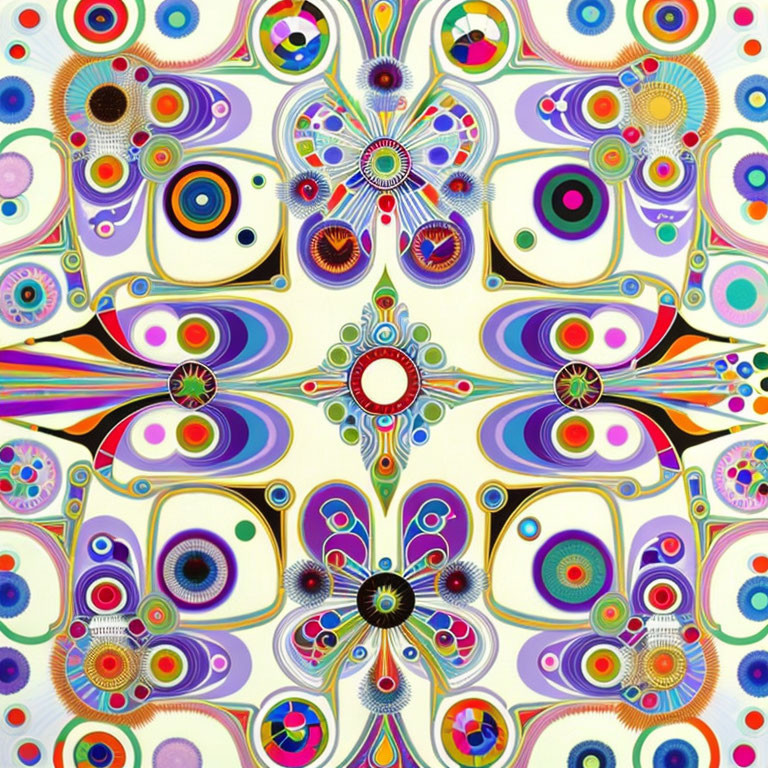 Vibrant Symmetrical Abstract Art with Circles, Dots, and Wavy Lines