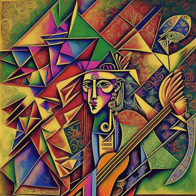 Colorful Cubist-Style Painting of Stylized Female Figure