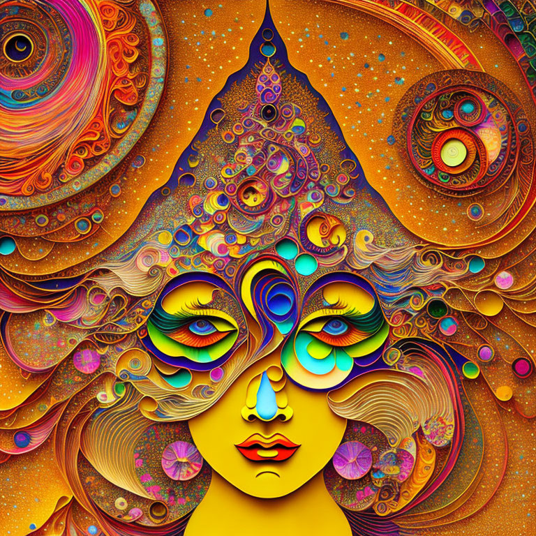 Colorful abstract face with swirling patterns and ornamental details