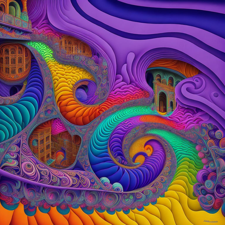 Colorful Psychedelic Art with Swirling Patterns and Architectural Elements