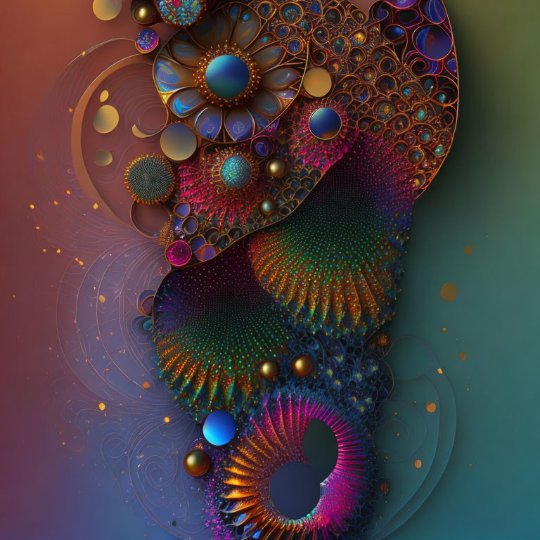 Colorful Fractal Art: Swirling Spheres and Spirals in Metallic Textures