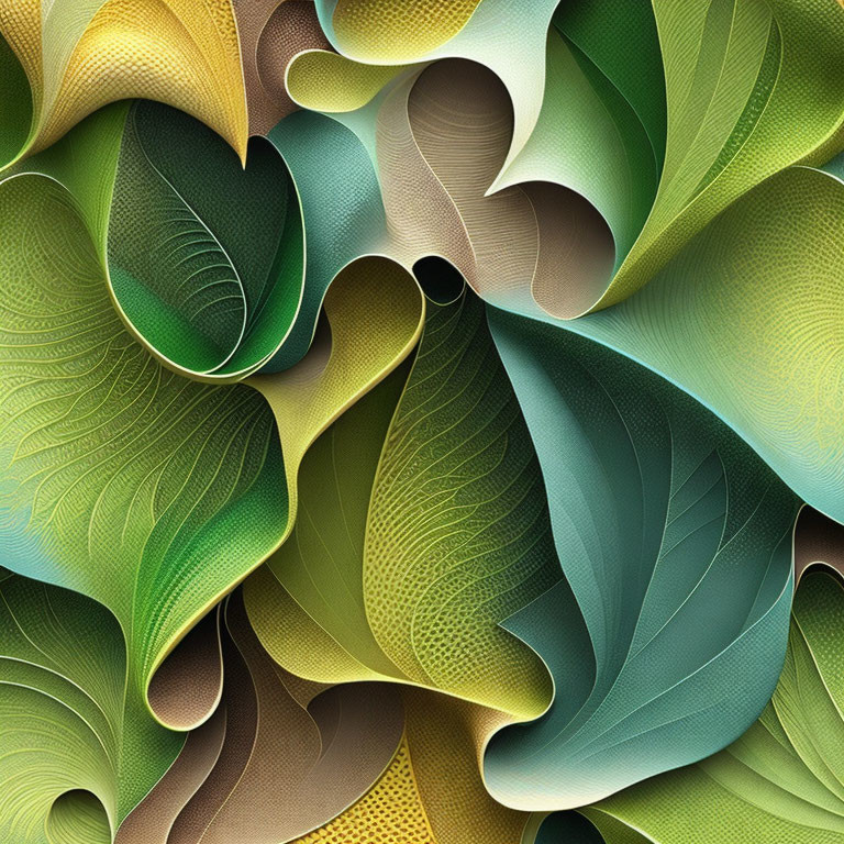 Detailed digital art of green overlapping leaves with textured 3D look