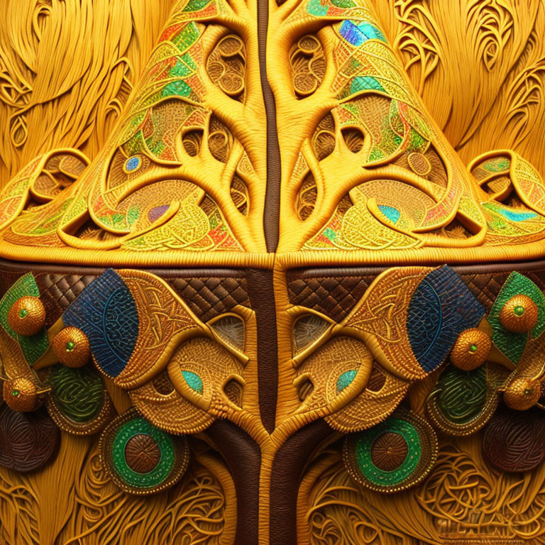 Symmetrical Peacock Feather Pattern on Carved Wooden Wall