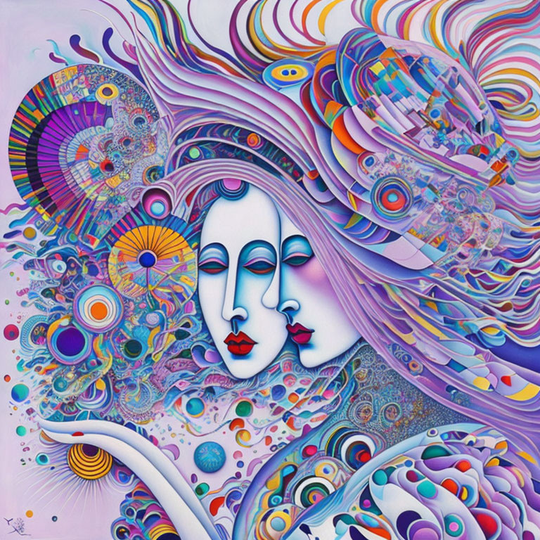 Colorful Psychedelic Artwork: Two Faces Amid Abstract Patterns