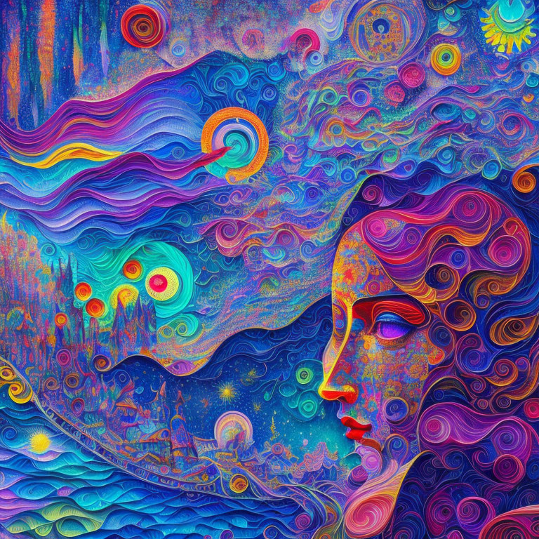 Colorful Psychedelic Woman Profile in Cosmic Landscape