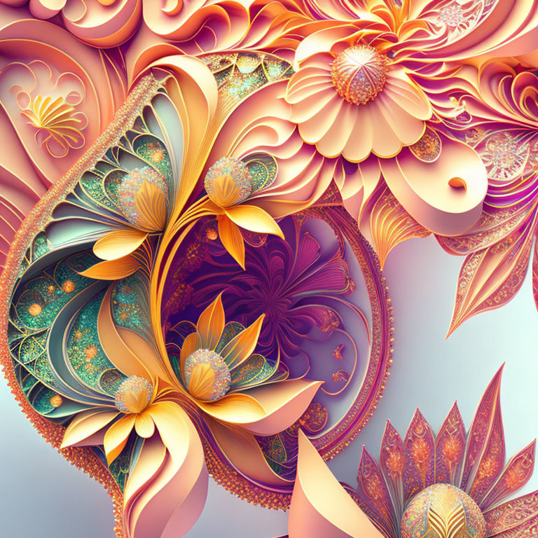 Abstract Floral Fractal Artwork in Warm Orange, Purple, and Gold