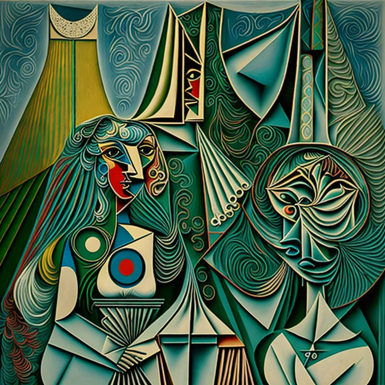 Cubist Painting: Abstract Composition with Stylized Figures