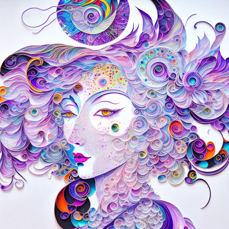 Colorful illustration of woman with flowing hair and intricate patterns.