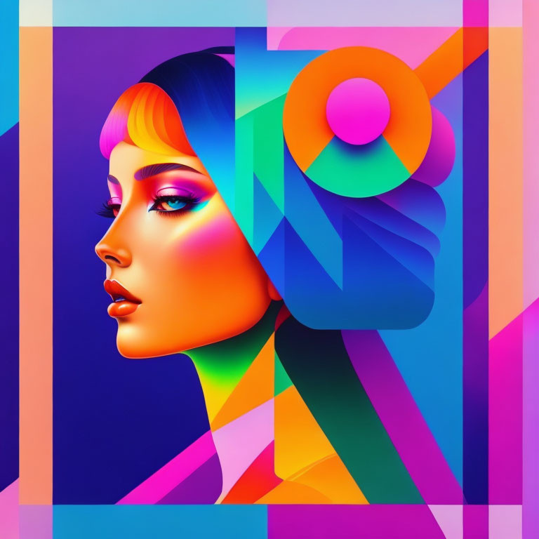 Colorful geometric profile illustration of a woman.