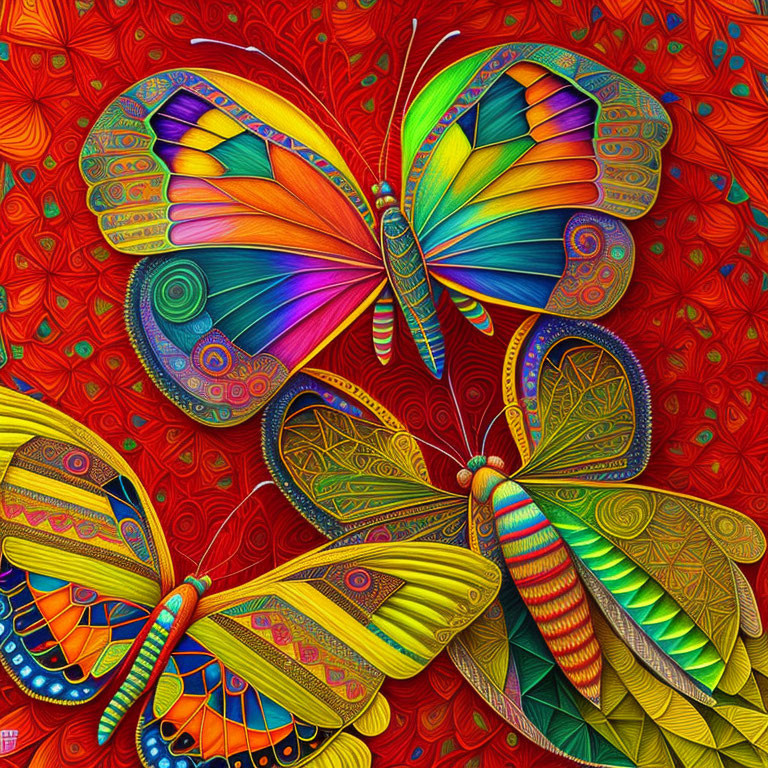 Colorful Butterfly Artwork on Intricate Red Floral Background