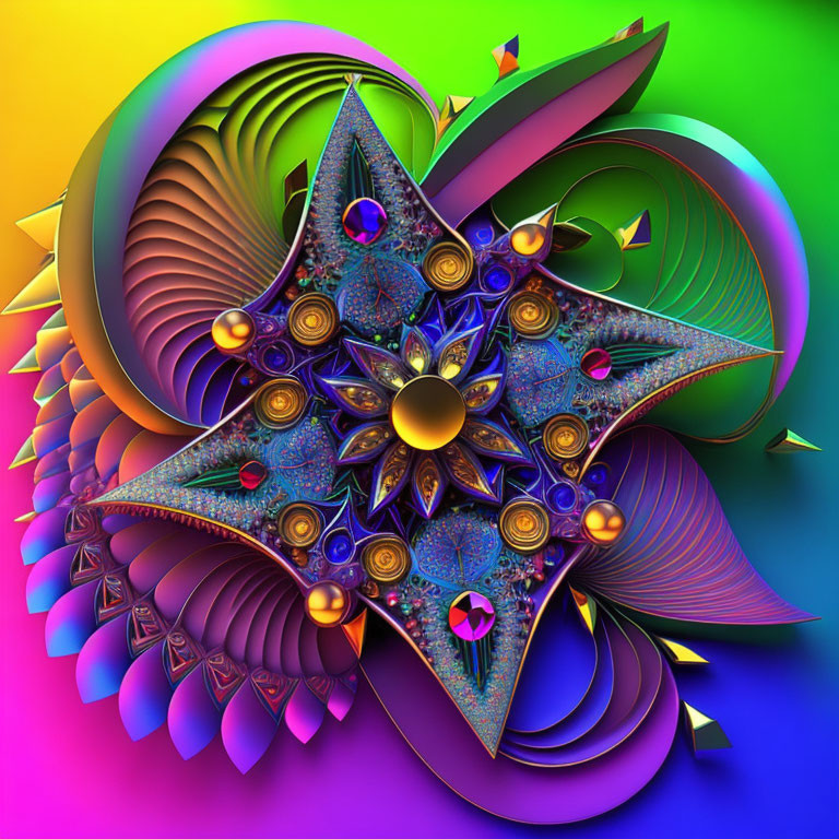 Colorful Fractal Image with Star-Like Pattern on Rainbow Gradient Background