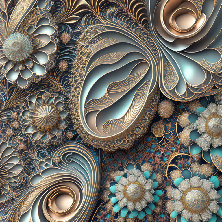 Detailed Digital Artwork: Ornate Floral Patterns in Gold and Teal, 3D Swirl