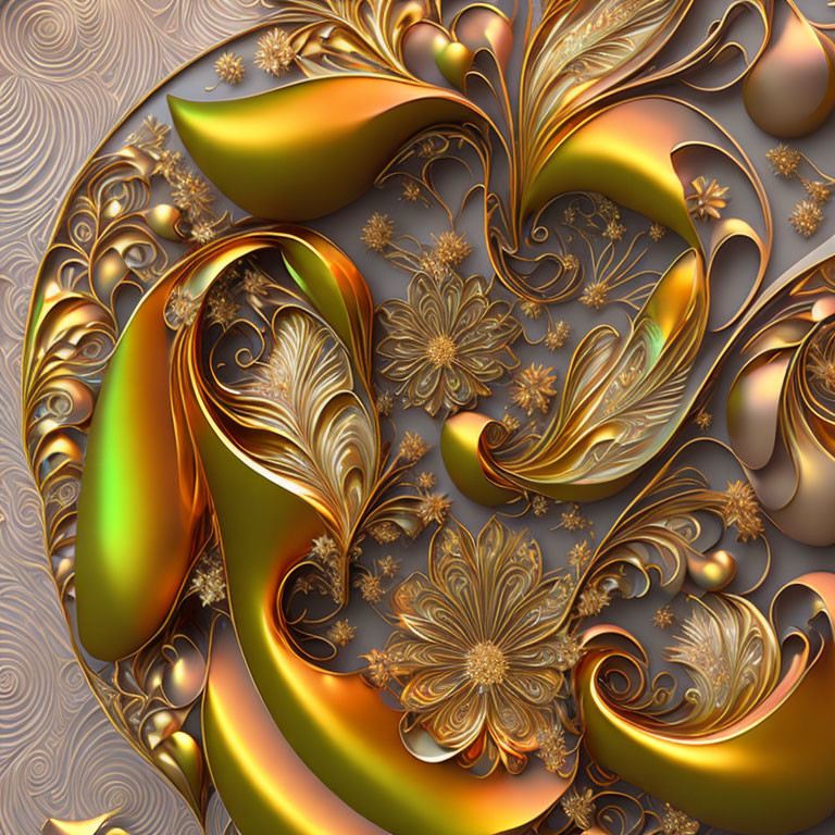 Luxurious golden floral fractal design on textured brown background