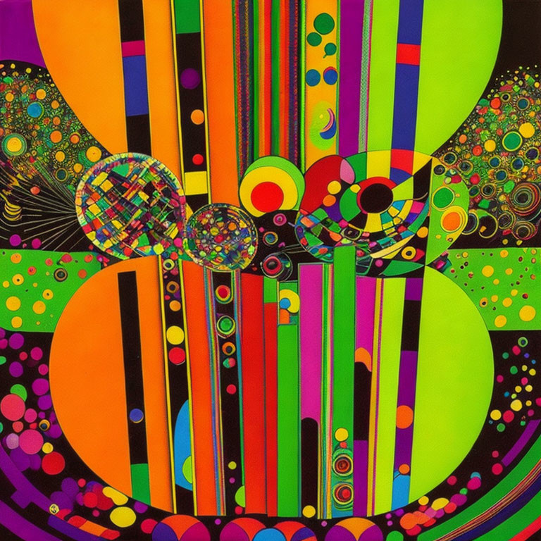 Colorful Psychedelic Pattern with Vertical Stripes and Circles on Black Background