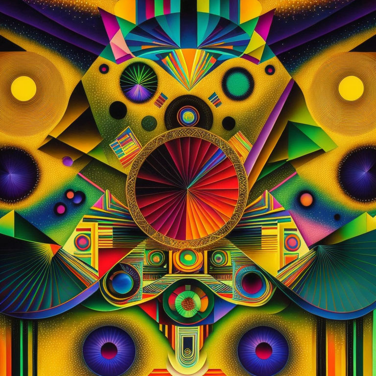 Colorful Geometric Psychedelic Artwork with Symmetrical Pattern