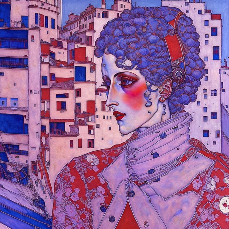 Stylized woman with blue hair on purple buildings backdrop