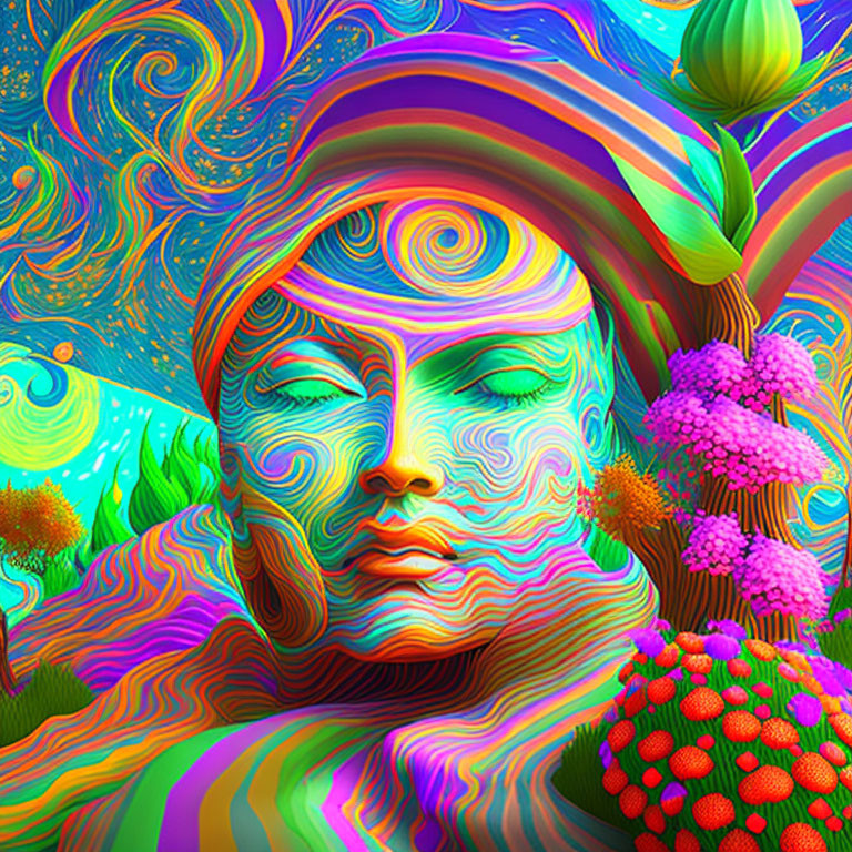 Vibrant Psychedelic Art Featuring Serene Face and Nature Elements