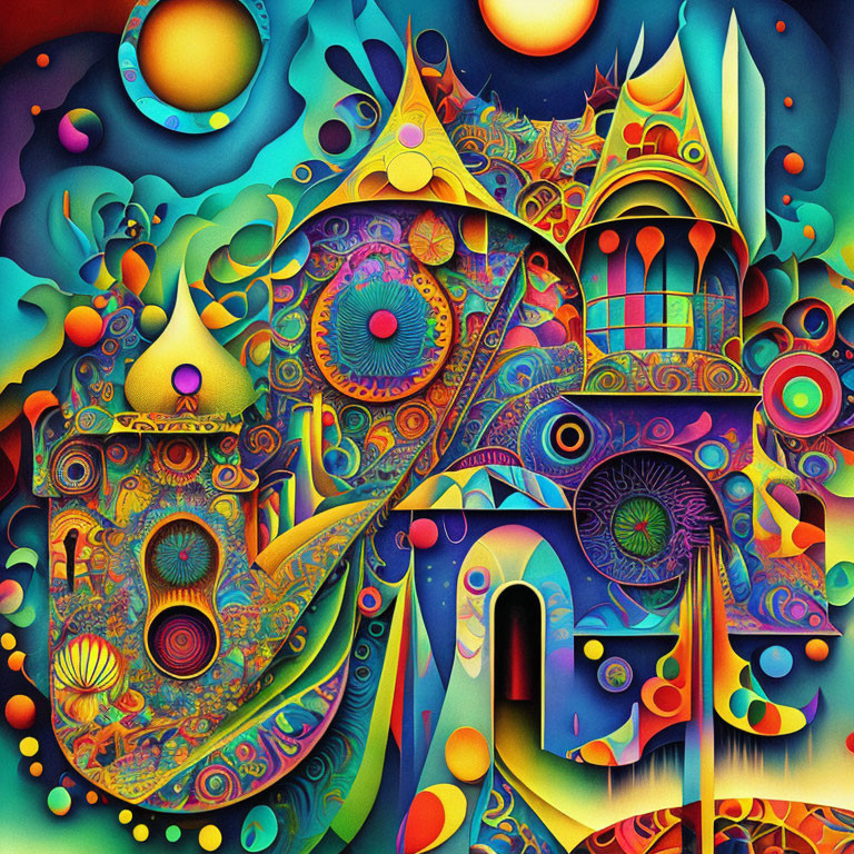 Fantastical castle with swirling patterns and bright colors