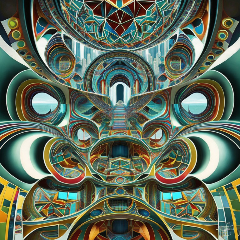 Symmetrical Abstract Artwork with Futuristic Arches and Teal, Gold, Brown Tones