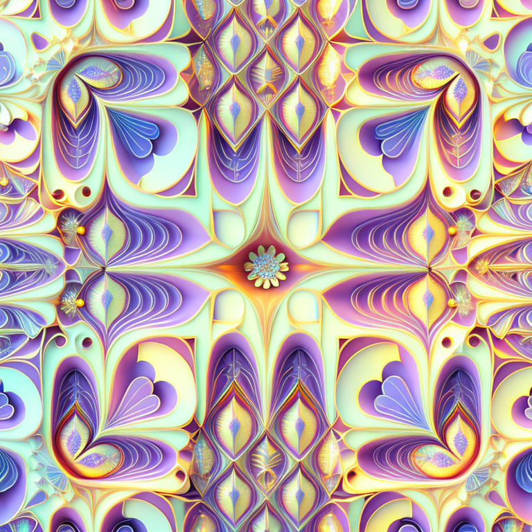 Symmetrical Pastel Fractal Design with Heart, Teardrop, and Flower Motifs