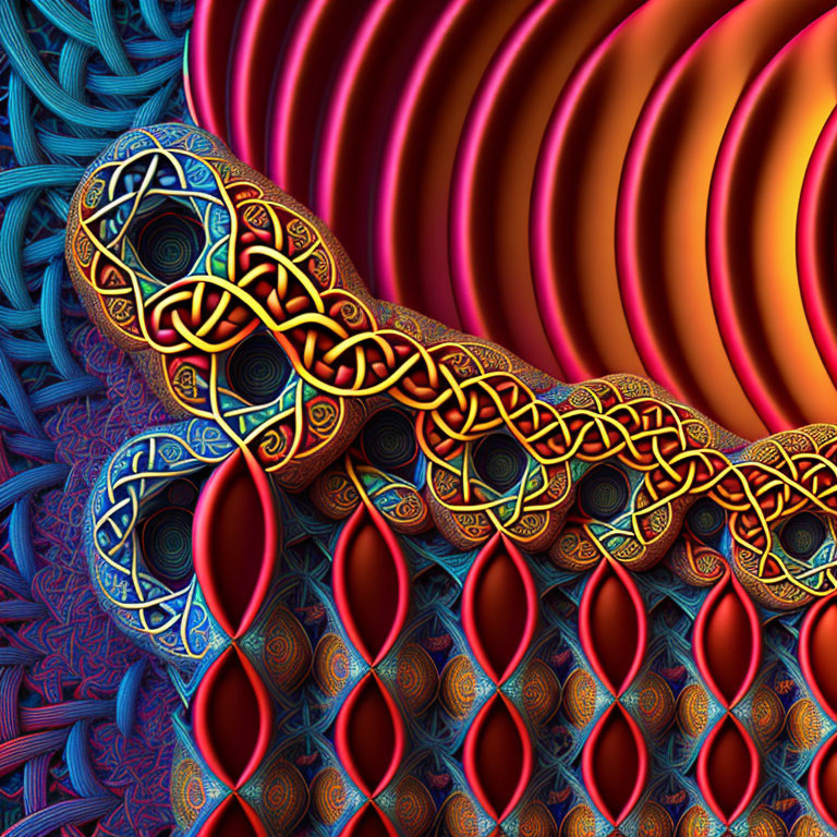 Intricate Celtic knot-inspired 3D fractal with blue, red, and gold textures