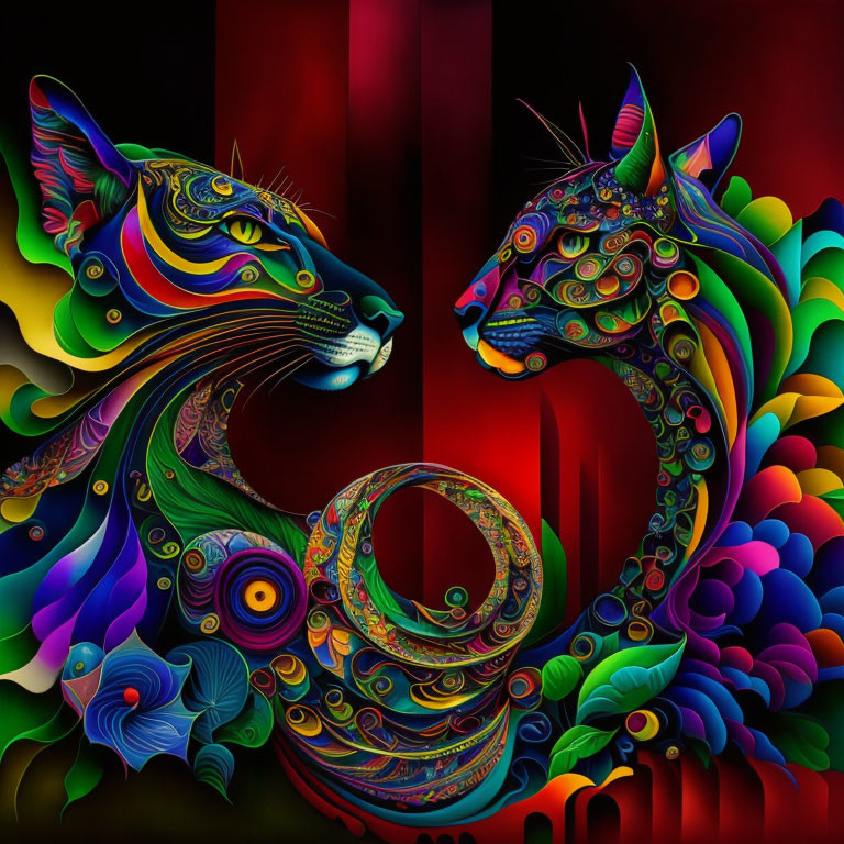 Vibrant psychedelic feline art with floral patterns on dark backdrop