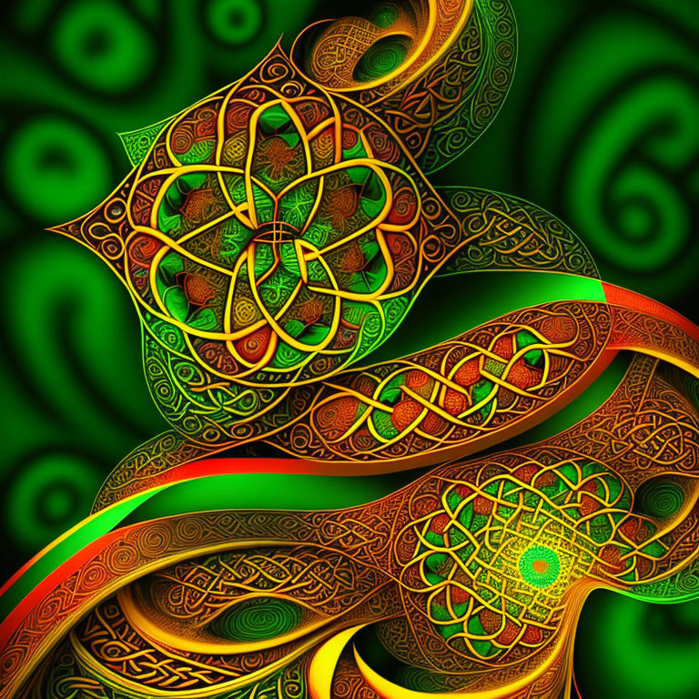 Intricate Celtic knot design with spiraling ribbon on glowing green background