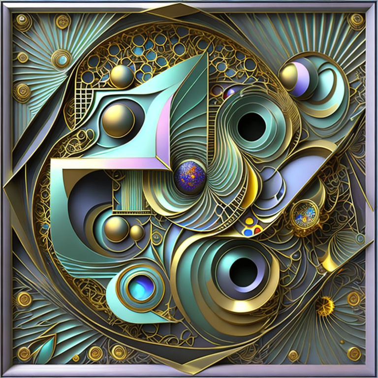 Abstract Artwork: Geometric Shapes, Swirls, and Circles in Gold, Teal