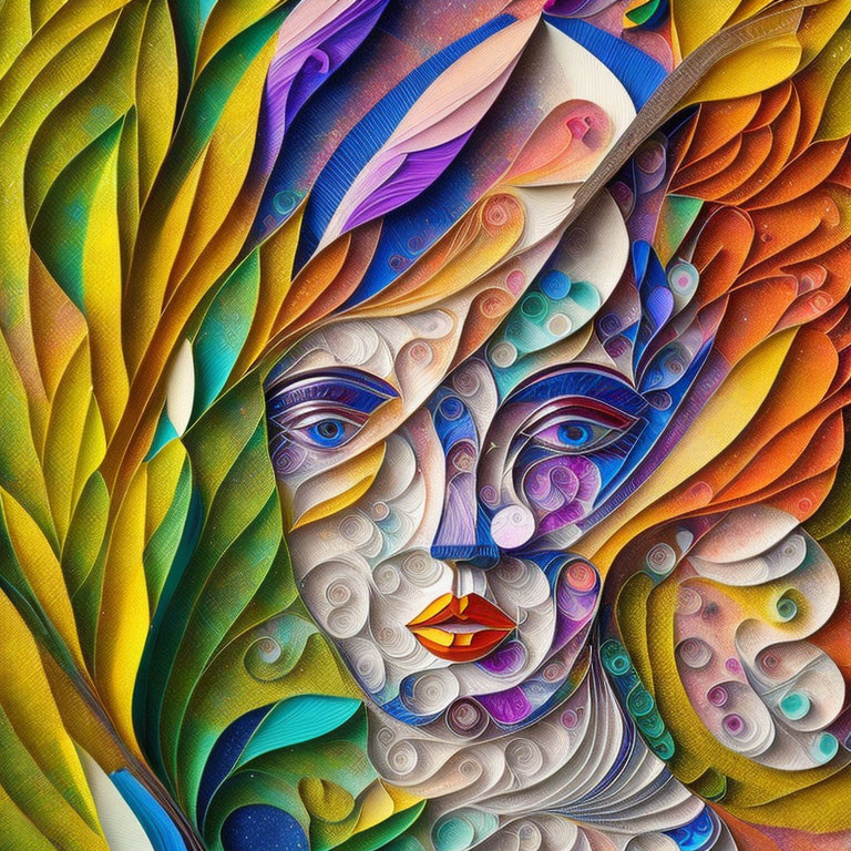 Intricate paper art of stylized face with swirls, feathers, and floral patterns