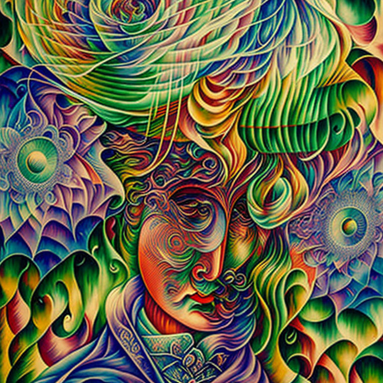 Colorful Psychedelic Face Artwork with Swirling Patterns