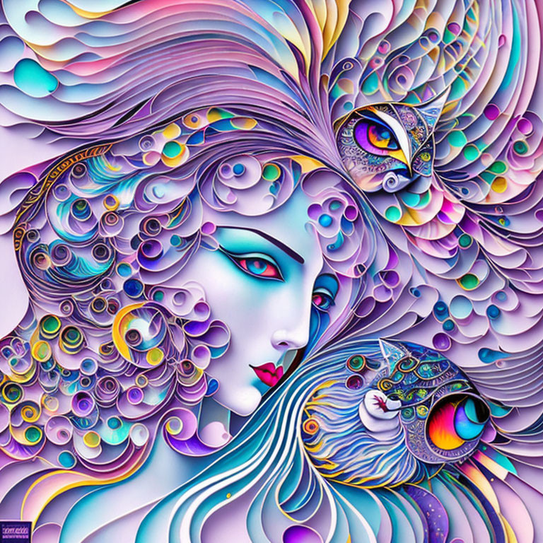 Colorful artwork: Stylized woman with flowing hair and butterfly motifs