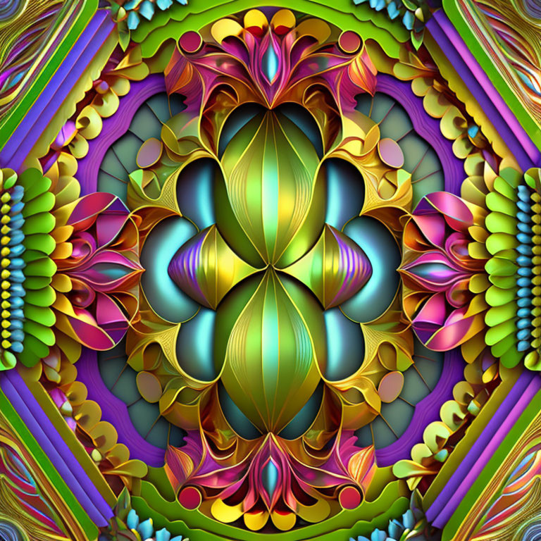 Colorful Symmetrical Floral Fractal Design in Purple, Green, Gold, Pink