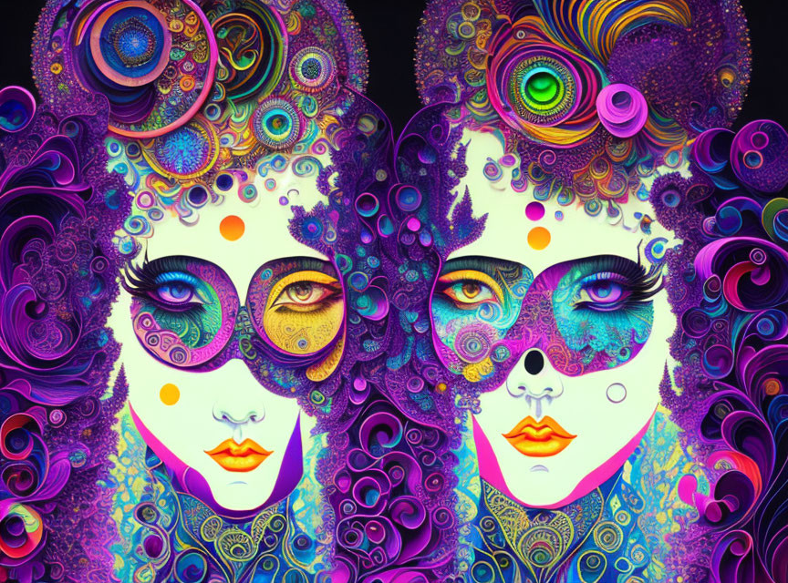 Colorful digital artwork featuring intricate patterns and stylized faces.