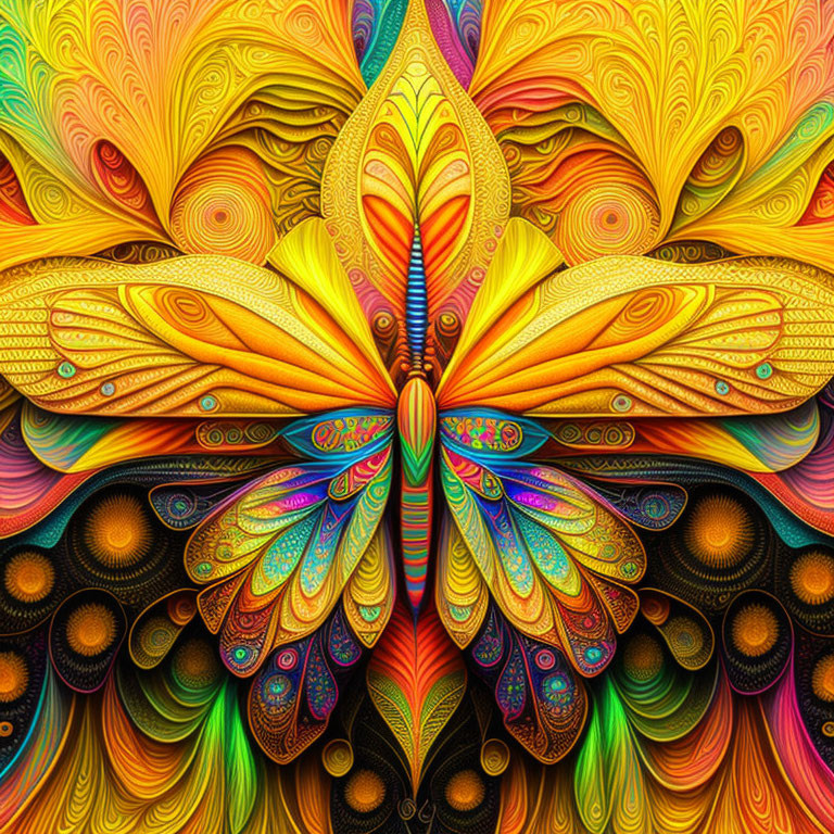 Symmetrical digital artwork with colorful butterfly-like center.