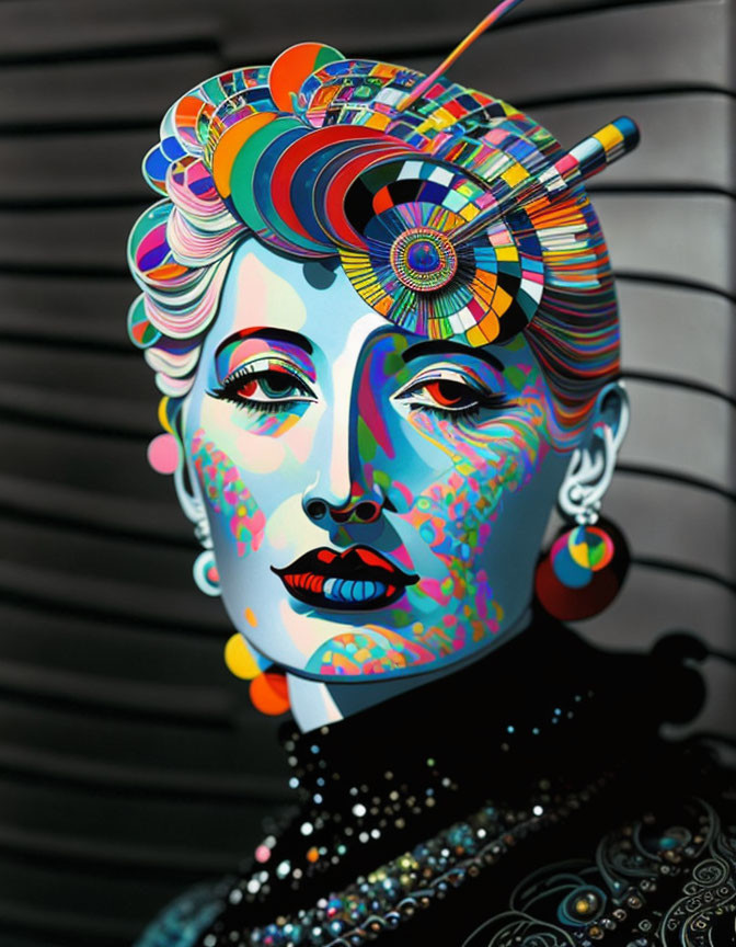 Colorful Stylized Portrait of Woman with Patterns and Shapes