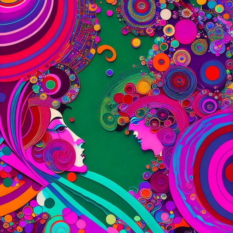 Colorful Psychedelic Illustration of Two Faces with Swirling Patterns