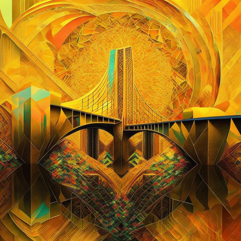 Abstract Digital Artwork: Swirling Golden & Orange Geometric Shapes