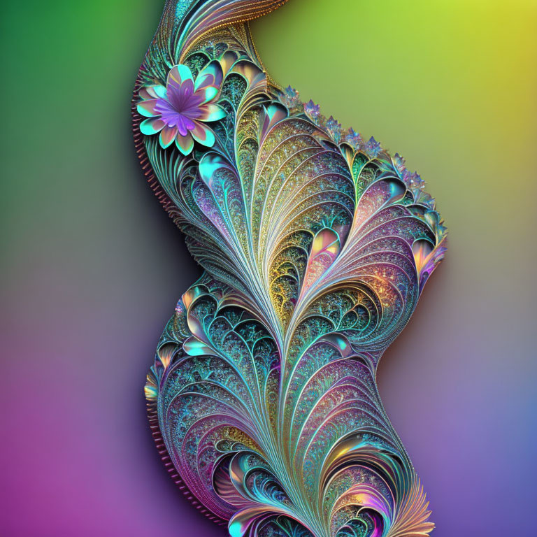 Colorful fractal art with swirling patterns resembling peacock feathers