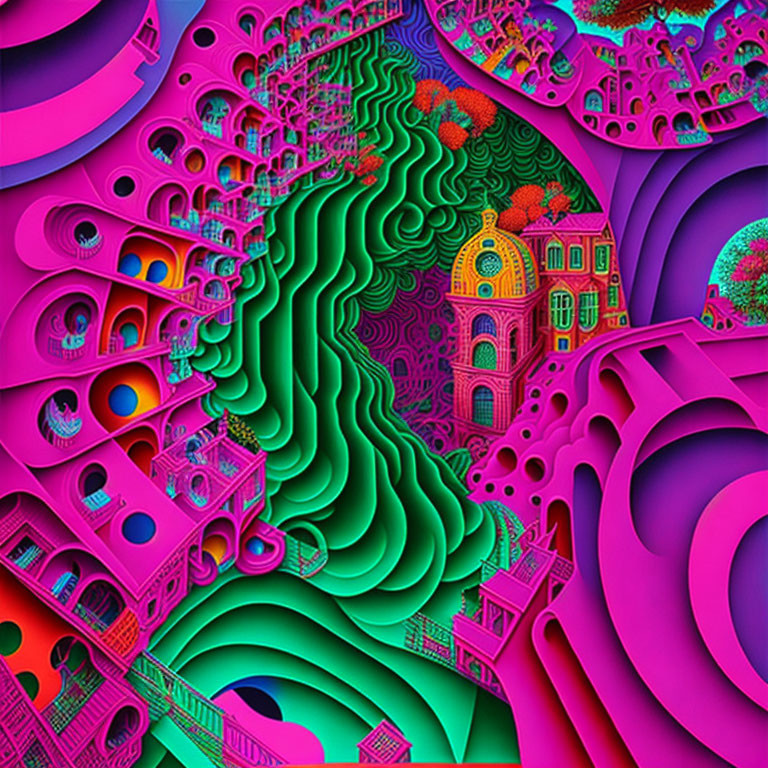 Colorful Psychedelic Digital Artwork with Swirling Patterns and Architectural Elements