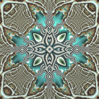 Symmetrical teal and bronze fractal design with floral patterns