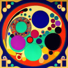 Symmetric arrangement of colorful circles and patterns in blue, orange, and green